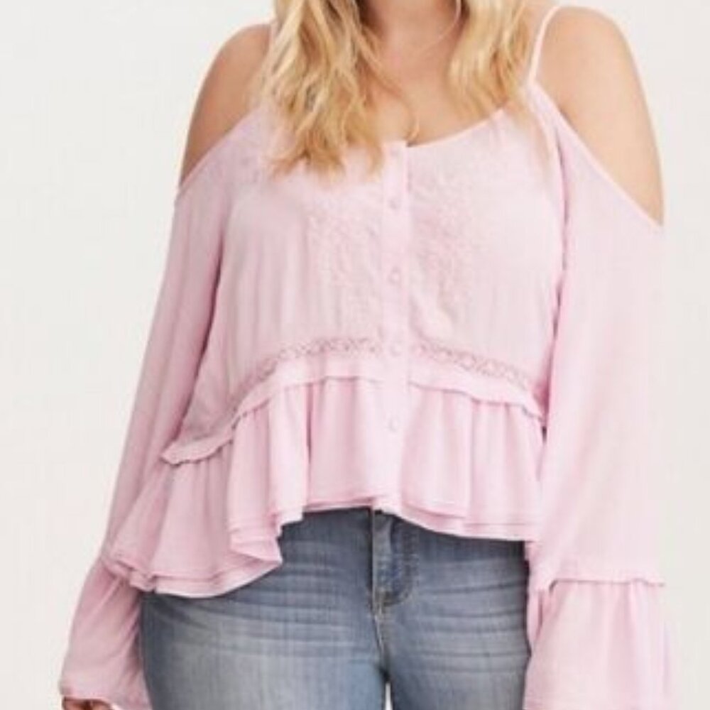 Torrid Insider Collection Gauze Cold Shoulder Top embroider long sleeve pink 2